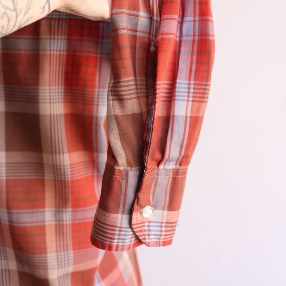 Vintage 1970s Shirt, Viking Dagger Collar Orange Plaid Tratan Button Down Blouse - Picture 10 of 10